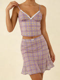 Casual Coffee Polka Dot Two Piece Set for Women Lace Trim Cami Sheer Mesh Ruffled Midi Skirt Set for Vintage Dates