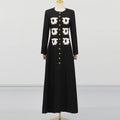 Elegant Spliced White Flower Embroidery Dress for Women O Neck Long Sleeve High Waist Patchwork Button Slim Dresses Female