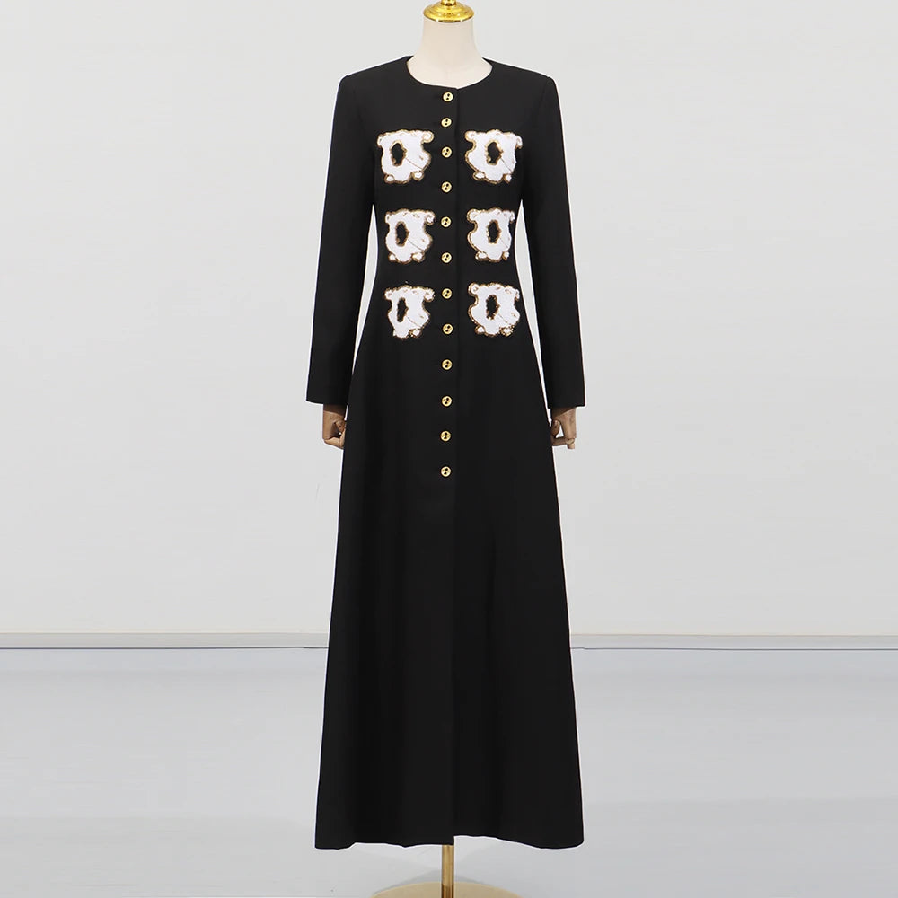 Elegant Spliced White Flower Embroidery Dress for Women O Neck Long Sleeve High Waist Patchwork Button Slim Dresses Female