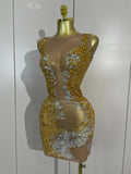 Sexy Sparkly Rhinestone Sleeveless Mesh See Through Mini Dress Luxury Birthday Dress Celebrate Party Club PhotoShoot Stage Wear