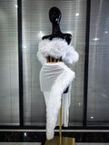 Mint White Color Women Mesh Ruffles Laced-up 2 Pieces Sequins Bodycon Long Dress Nightclub Bar Singer Party Performance Costumes