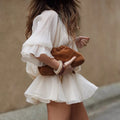 Solid Spliced Lace Up Mini Dresses for Women Slash Neck Long Sleeve High Waist Temperament Dress Female