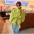 Women Short Trench Coat Lapel Collar Belt Waist Cinched Oversized Long Sleeve Windbreaker Jacket Shoulder Epaulets Spring Autumn