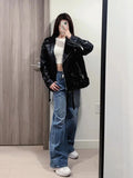 Women's Motorcycle Leather PU Imitation Leather Loose Jacket Black Jacket