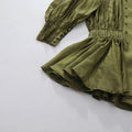 Olive Green Elegant Pleated Dress Women Fashion Solid Stand Neck Lantern Sleeve Double Breasted Loose Mini Dress Women