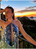 Sexy Sequin Shiny Mini Dress Women Luxury Blue Green Patchwork Halter Backless Short Dresses Evening Party Bright Dresses Beach