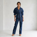 Women Dark Blue Denim Sets Vintage Lapel Belted Peplum Long Sleeve Cuff Top Wide Leg Pants Outfit 2026 Lady Autumn Chic Suits