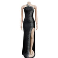 Women's Sexy One Shoulder Elegant Rhinestone Birthday Maxi Split Dress Sparkly Hot Drilling Bodycon Party Night Clubwear