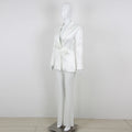 Elegant Beaded pearls blazer pants set Suits women flower white slim blazer +Sexy Mesh See Through sequin Trousers two-piece set