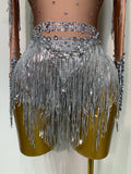 Women Long Sleeve Sexy Stretch Bodycon Shinning Tassels Rhinestones Bodysuit Celebrate Birthday Club Evening Party Stage Outfit