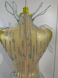 Sexy Sparkly Rhinestones Sleeveless Mesh See-Through Mini Dress Women Eveing Party Dancer Bar Nightclub Stage PhotoShoot Costume