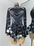 Flashing Rhinestones Mirrors Long Sleeve Dress Performance Singer Dancer Costume Bar Nightclub Party Stage Wear Birthday Vestido