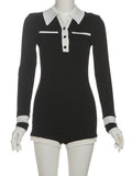 Contrast Patchwork Playsuits Women Ribbed Button Polo-Neck Full Sleeve Skinny Stretch Wrap Hip Street Fashion Rompers