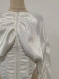 Vintage Patchwork Fish Bone Tunic Blouse for Women O Neck Puff Sleeve Spliced Zipper High End Shirts Female Autumn