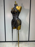 Women Luxury Black Mesh See Through Crystal Diamond Bodycon Dress Sexy Evening Party Club Nightclub Dress Singer Stage Costume
