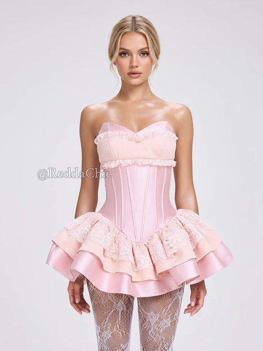 Tiered Ruffle Mini Party Dress Lolita OP Lace Splice Satin Corset Boned Strapless Desire One-piece Party Women Clothes