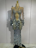 Luxury Silver Sparkly Diamonds Sequins Birthday Evening Party Nightclub Stage Wear Sexy Mesh See Through Long Sleeves Long Dress