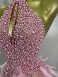 Women Sexy Celebrate Birthday Dress Luxury Rhinestones Pearls Feathers Halter Backless Short Dress Nightclub Bar Stage Costume