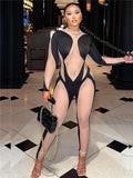 Women Sexy See Through Bodycon Jumpsuit One Piece Party Long Outfit Sheer Mesh Stitching Leopard Clubwear Jumpsuit Romper