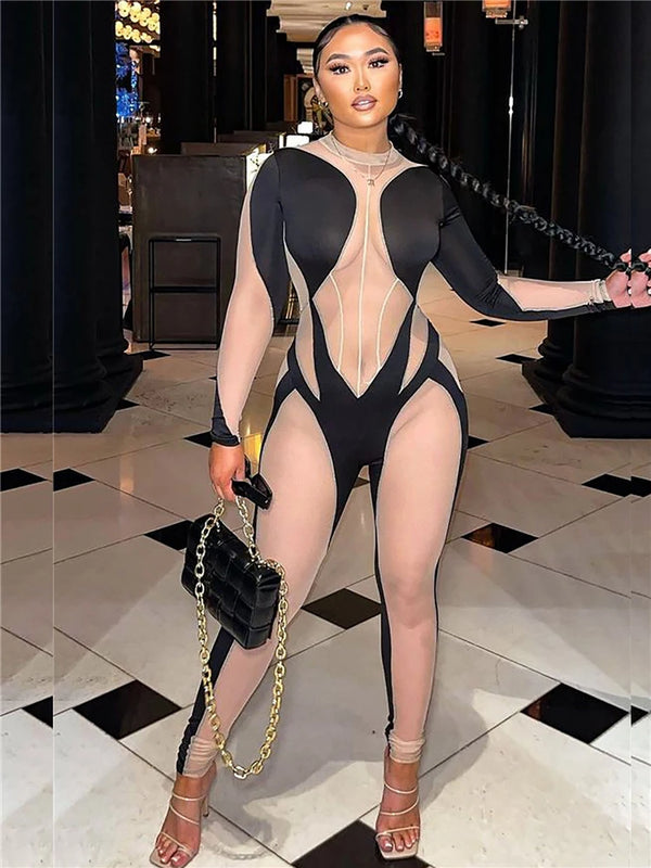 Women Sexy See Through Bodycon Jumpsuit One Piece Party Long Outfit Sheer Mesh Stitching Leopard Clubwear Jumpsuit Romper