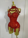 Women Sparkly Red Rhinestones Mesh Stretch Bodysuit Birthday Party Sexy Nightclub Bar Singer Dancer Performance Stage Costume
