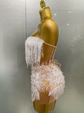Sexy Pearl Sequins Tassel Sleeveless Glitter Mini Dress Women Singer Bar Nightclub Stage Performance Clothing Show Outfit