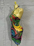 Sparkly Multicolor Crystal Mini Dress, Black Mesh See Through Rhinestone Bodycon Dress, Sexy Halter Neck Short Party Dress