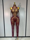 Sparkly Rhinestone Sexy Mesh Bodycon Jumpsuit Nightclub Bar Evening Party Gogo Dancer Clothing Drag Queen Outfit Stage Costume