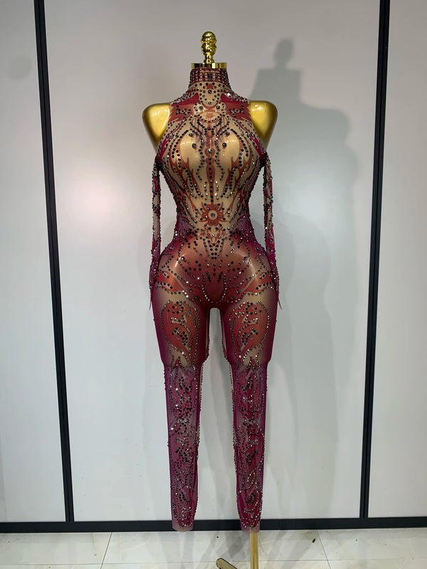 Sparkly Rhinestone Sexy Mesh Bodycon Jumpsuit Nightclub Bar Evening Party Gogo Dancer Clothing Drag Queen Outfit Stage Costume