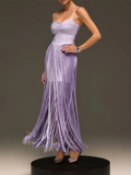 Fashion Sweetheart Spaghetti Strap Maxi Dress for Women Solid Fringe Floor Length Bodycon Back Zipper for Evening Party Club