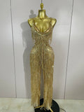 Sparkly Black Rhinestones Sequined Fringe Jumpsuit Women Sexy Nightclub Party Birthday Outfit Show Singer Stage Perform Costume