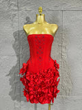 Strapless Corset Bandage Mini DressWomen Hand Beaded 3D Floral Bodycon ShortCocktail Party Wedding Guest Evening Dress