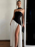 Irregular Slit Vacation Long Dress For Women Elegant Contrast Slim Ribbon Dress Back Lace Up Female Strapless Summer New