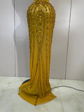 Sexy Strapless Mesh See Through Long Dress Luxury Sparkly Golden Diamonds Evening Party Birthday Nightclub PhotoShoot Stage Wear