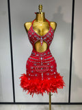 Women Sexy Halter Crystal Feathers Bodycon Mini Dress Nightclub Performance Stage Outfit Luxury Birthday Photo Shoot Dress