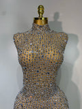 Sparkly Gold Rhinestone Sleeveless Stretch Long Dress Women Sexy Mesh Celebrate Evening Prom Birthday Dress Photo Shoot Wear