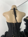 Black Bandage Floral Hather Top Short Skirt Set Women Sexy Backless Knitted Two Pieces Bandage Outfit Nightclub Wear