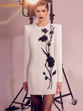New Arrivals Autumn Heavy Flower print Slim Mini Dress Women's Long Sleeve Celebrity Party Elegant Short Dress