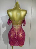 Women Birthday Party Nightclub Dancer Stage PhotoShoot Costume Sexy Sparkly Rhinestones Sequins Off The Shoulder Mesh Mini Dress