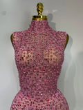 Sparkly Gold Rhinestone Sleeveless Stretch Long Dress Women Sexy Mesh Celebrate Evening Prom Birthday Dress Photo Shoot Wear