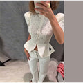Lace Cutout Peplum Jacket Stand Collar Puff Sleeve Button Front Waist Cinched Outerwear 2026 Summer Fashion Lady Elegant Jacket