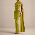 Cowl Neck Maxi Evening Dress for Women One Long Sleeve Cutout Waist Backless Cape Sleeve for Formal Party Bodycon Solid Gown