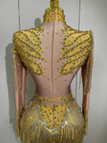 Women Sparkly Rhinestone Sequin Tassel Stretch Bodysuits 2025 New Arrival Birthday Party Nightclub Dj Stage Performance Costume