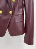 New 2026 Designer PU leather Jacket Women's Slim Fitting Double Breasted Lion Buttons Denim Blazer