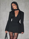 Chic Waist Cinching Mini Dress Women Fashion Full Sleeve Deep V-neck Double Breasted Short Dresses Lady Daily Party Street Gowns