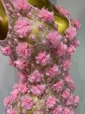 Women Luxury Pink Flowers Pearls Lace See Through Bodycon Mini Dress Birthday Photoshoot Evening Party Nightclub Stage Costume