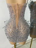 Sparkly Rhinestones Women Sexy Mesh See Through Short Sleeveless Party Nightclub Performance Costume Stage Wear
