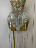 Sliver Sequins Shining Diamonds Sexy Mesh Long Tassel Bodysuit Women Nightclub Party Birthday Stage Performance Costume