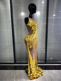 Sparkly Golden Sequiend Women Sleeveless Sexy O-Neck Mesh Bodycon Gowns Dress Elegant Evening Party Celebrity Red Carpet Dress
