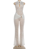 Sexy Jumpsuit Woman Metal Knot Patchwork Jacquard Ruched Waist Stretch Skinny Midnight Workout Streetwear Overalls